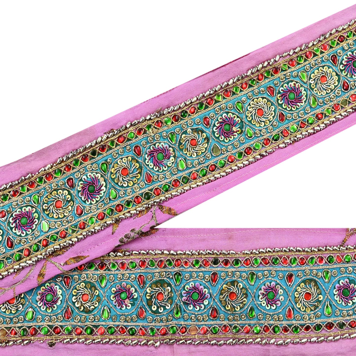Indian Vintage Pink Sari Border Hand Embroidered Indian Craft Trim Lace Sewing Sari Ribbon Pure Crepe silk  Zardozi/Dabka Zari
