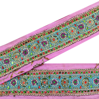 Indian Vintage Pink Sari Border Hand Embroidered Indian Craft Trim Lace Sewing Sari Ribbon Pure Crepe silk  Zardozi/Dabka Zari
