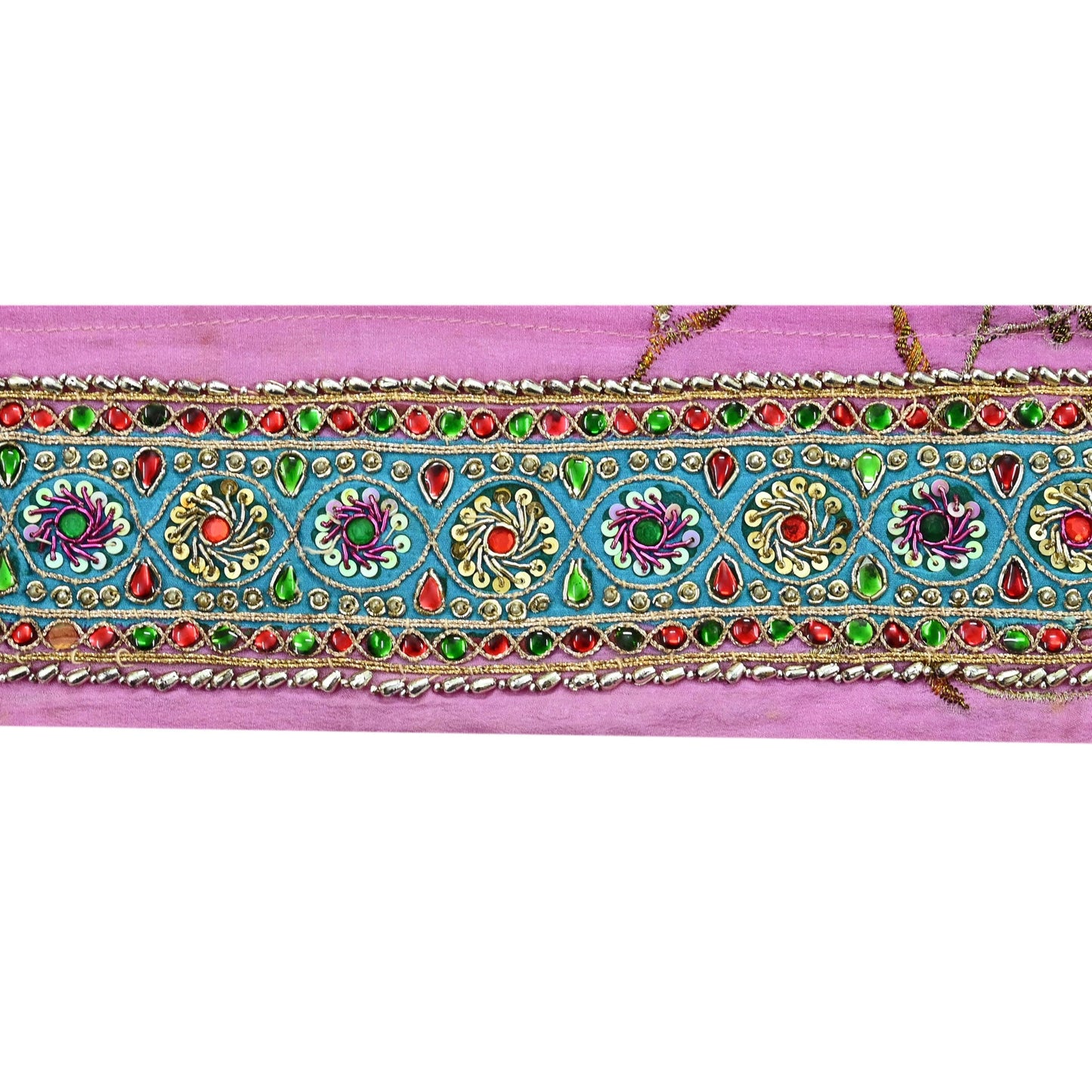 Indian Vintage Pink Sari Border Hand Embroidered Indian Craft Trim Lace Sewing Sari Ribbon Pure Crepe silk  Zardozi/Dabka Zari