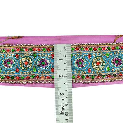Indian Vintage Pink Sari Border Hand Embroidered Indian Craft Trim Lace Sewing Sari Ribbon Pure Crepe silk  Zardozi/Dabka Zari
