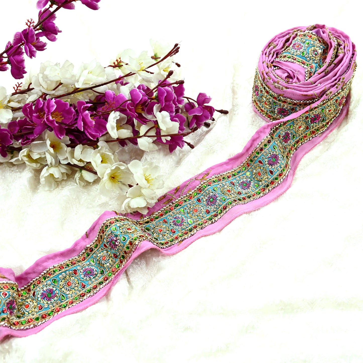 Indian Vintage Pink Sari Border Hand Embroidered Indian Craft Trim Lace Sewing Sari Ribbon Pure Crepe silk  Zardozi/Dabka Zari