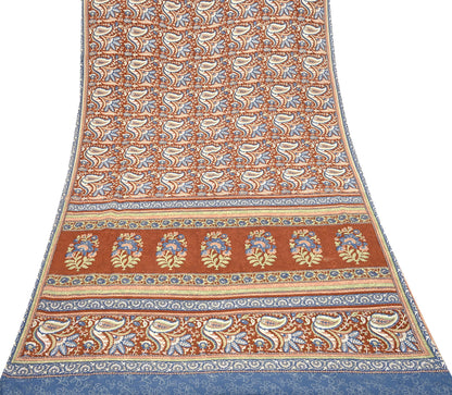 Indian Vintage Saree Brown & Gray Moss Crepe Printed Sari 5 Yards Floral Soft Fabric for Sewing, Dressmaking, Crafting, Quilting