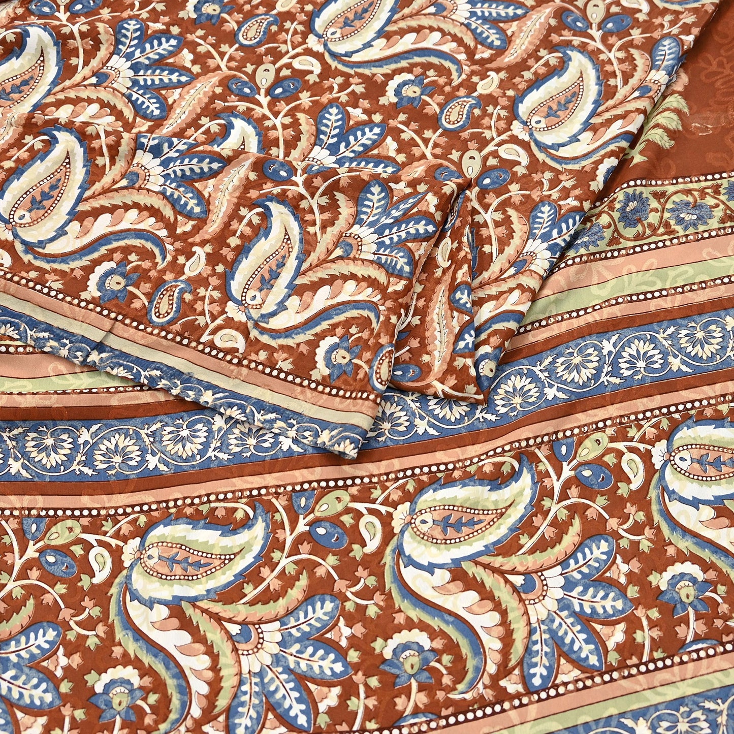 Indian Vintage Saree Brown & Gray Moss Crepe Printed Sari 5 Yards Floral Soft Fabric for Sewing, Dressmaking, Crafting, Quilting