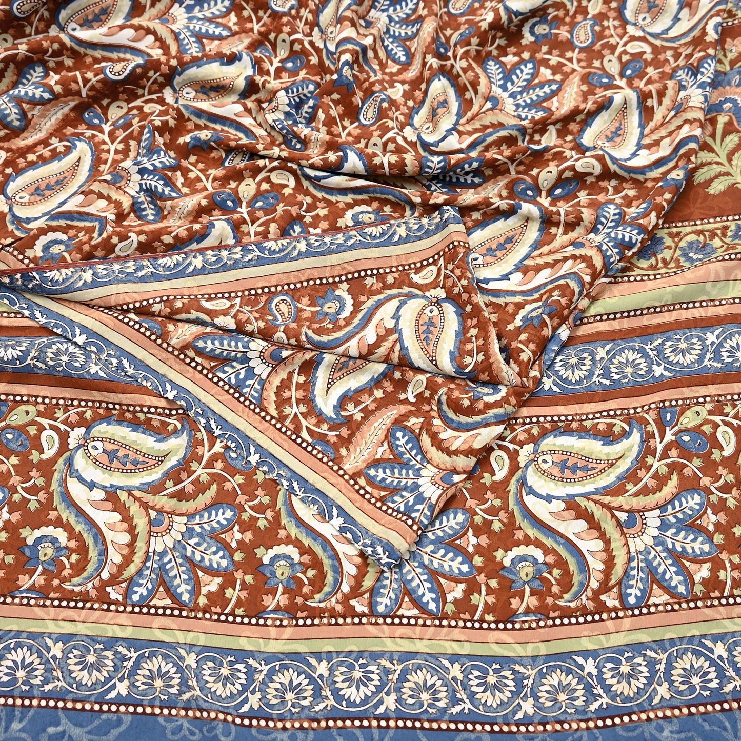 Indian Vintage Saree Brown & Gray Moss Crepe Printed Sari 5 Yards Floral Soft Fabric for Sewing, Dressmaking, Crafting, Quilting