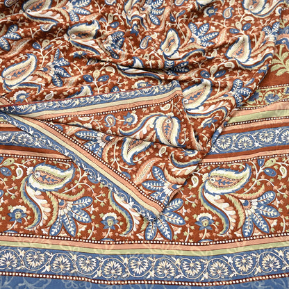 Indian Vintage Saree Brown & Gray Moss Crepe Printed Sari 5 Yards Floral Soft Fabric for Sewing, Dressmaking, Crafting, Quilting