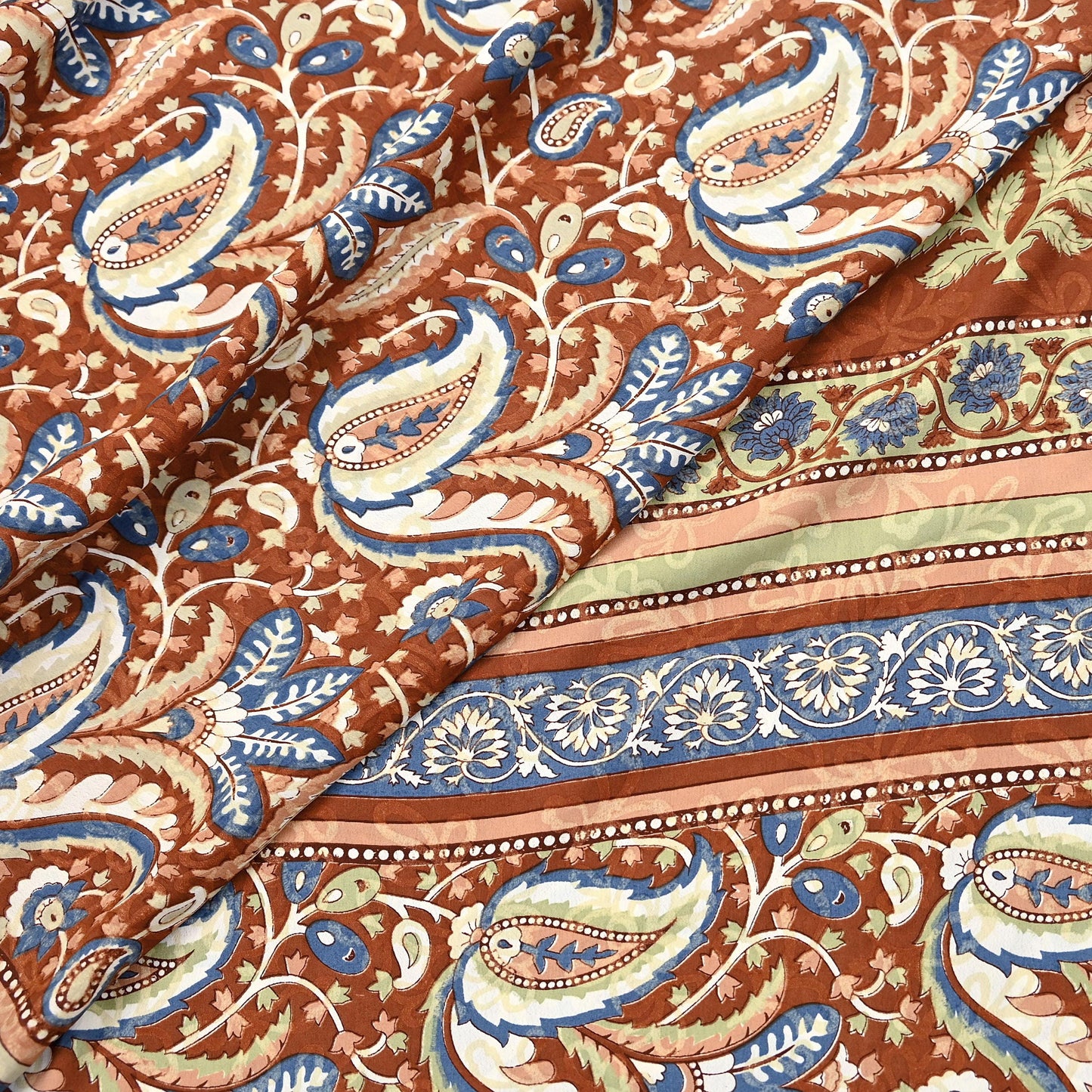 Indian Vintage Saree Brown & Gray Moss Crepe Printed Sari 5 Yards Floral Soft Fabric for Sewing, Dressmaking, Crafting, Quilting