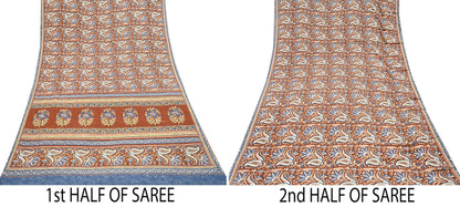 Indian Vintage Saree Brown & Gray Moss Crepe Printed Sari 5 Yards Floral Soft Fabric for Sewing, Dressmaking, Crafting, Quilting