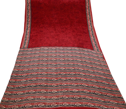 Indian Vintage Sari Maroon Pure Crepe Silk Block Printed Saree 5yard Sewing Quilting Floral Soft Craft Fabric Wrap