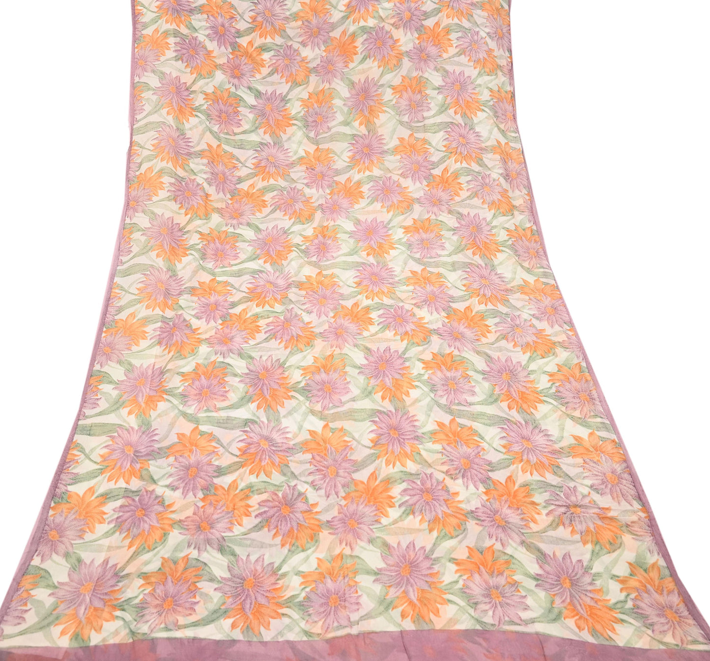 Women Vintage Sari Ivory Pure Chiffon Silk Printed Sarees Craft Fabric Sewing 5Yd Soft Dress Making Crafting Quilting Upcycle Used