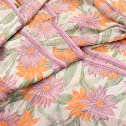 Women Vintage Sari Ivory Pure Chiffon Silk Printed Sarees Craft Fabric Sewing 5Yd Soft Dress Making Crafting Quilting Upcycle Used