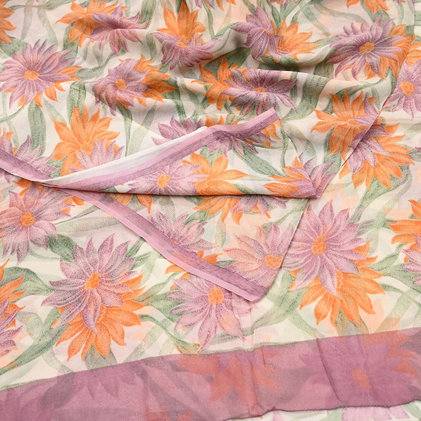 Women Vintage Sari Ivory Pure Chiffon Silk Printed Sarees Craft Fabric Sewing 5Yd Soft Dress Making Crafting Quilting Upcycle Used