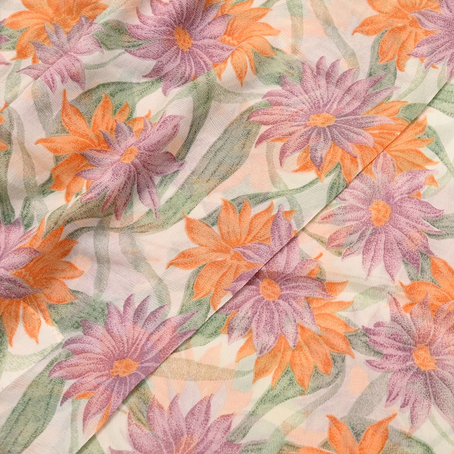 Women Vintage Sari Ivory Pure Chiffon Silk Printed Sarees Craft Fabric Sewing 5Yd Soft Dress Making Crafting Quilting Upcycle Used