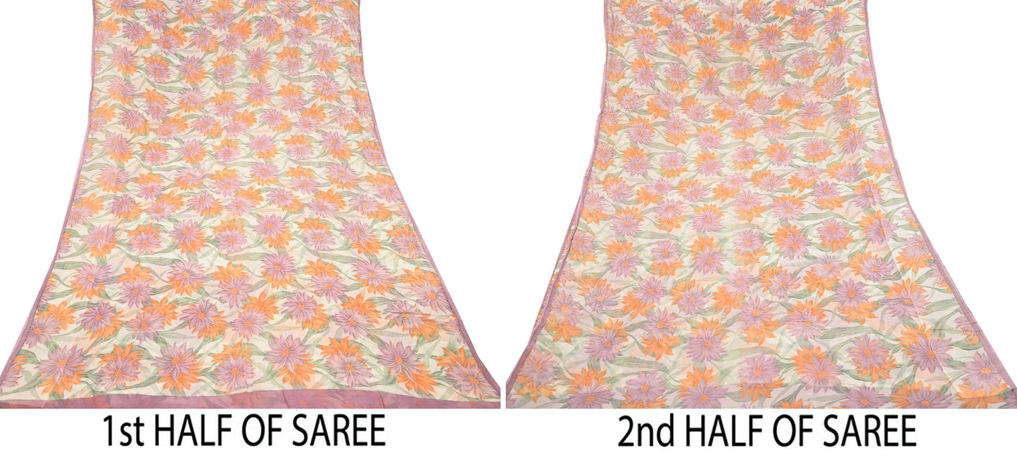 Women Vintage Sari Ivory Pure Chiffon Silk Printed Sarees Craft Fabric Sewing 5Yd Soft Dress Making Crafting Quilting Upcycle Used