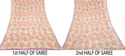 Women Vintage Sari Ivory Pure Chiffon Silk Printed Sarees Craft Fabric Sewing 5Yd Soft Dress Making Crafting Quilting Upcycle Used
