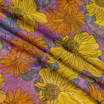 Vintage Sari Purple 100% Pure Chiffon Silk Printed Sarees Sewing 5yd Craft Fabric Soft Dress Designing for Crafting Floral Quilting Upcycle