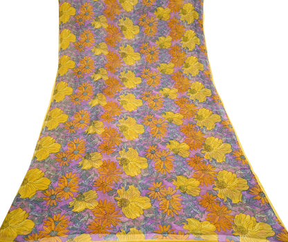 Vintage Sari Purple 100% Pure Chiffon Silk Printed Sarees Sewing 5yd Craft Fabric Soft Dress Designing for Crafting Floral Quilting Upcycle