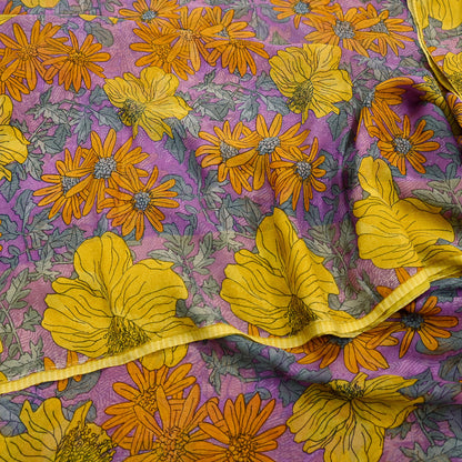 Vintage Sari Purple 100% Pure Chiffon Silk Printed Sarees Sewing 5yd Craft Fabric Soft Dress Designing for Crafting Floral Quilting Upcycle