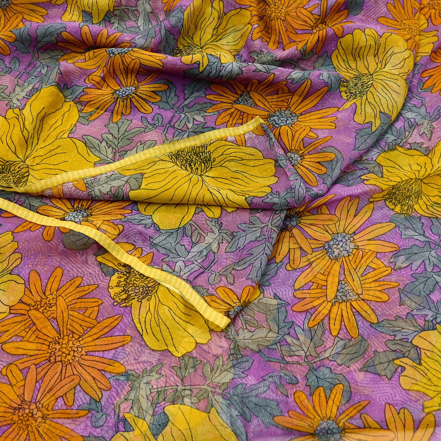 Vintage Sari Purple 100% Pure Chiffon Silk Printed Sarees Sewing 5yd Craft Fabric Soft Dress Designing for Crafting Floral Quilting Upcycle
