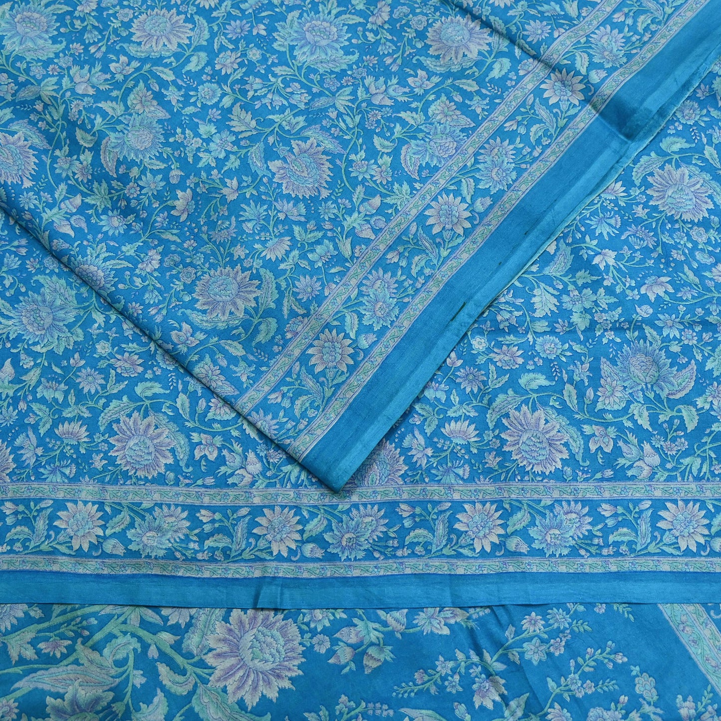 Indian Vintage Sari Blue Pure Silk Printed Saree Fabric 6yard Sewing Craft Fabric DressMaking Wrap Floral