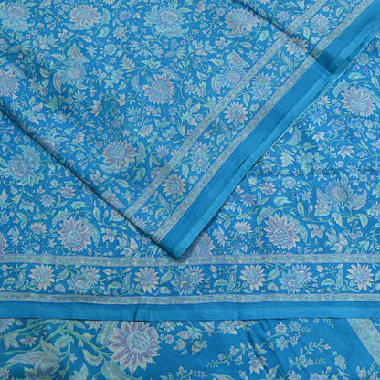 Indian Vintage Sari Blue Pure Silk Printed Saree Fabric 6yard Sewing Craft Fabric DressMaking Wrap Floral