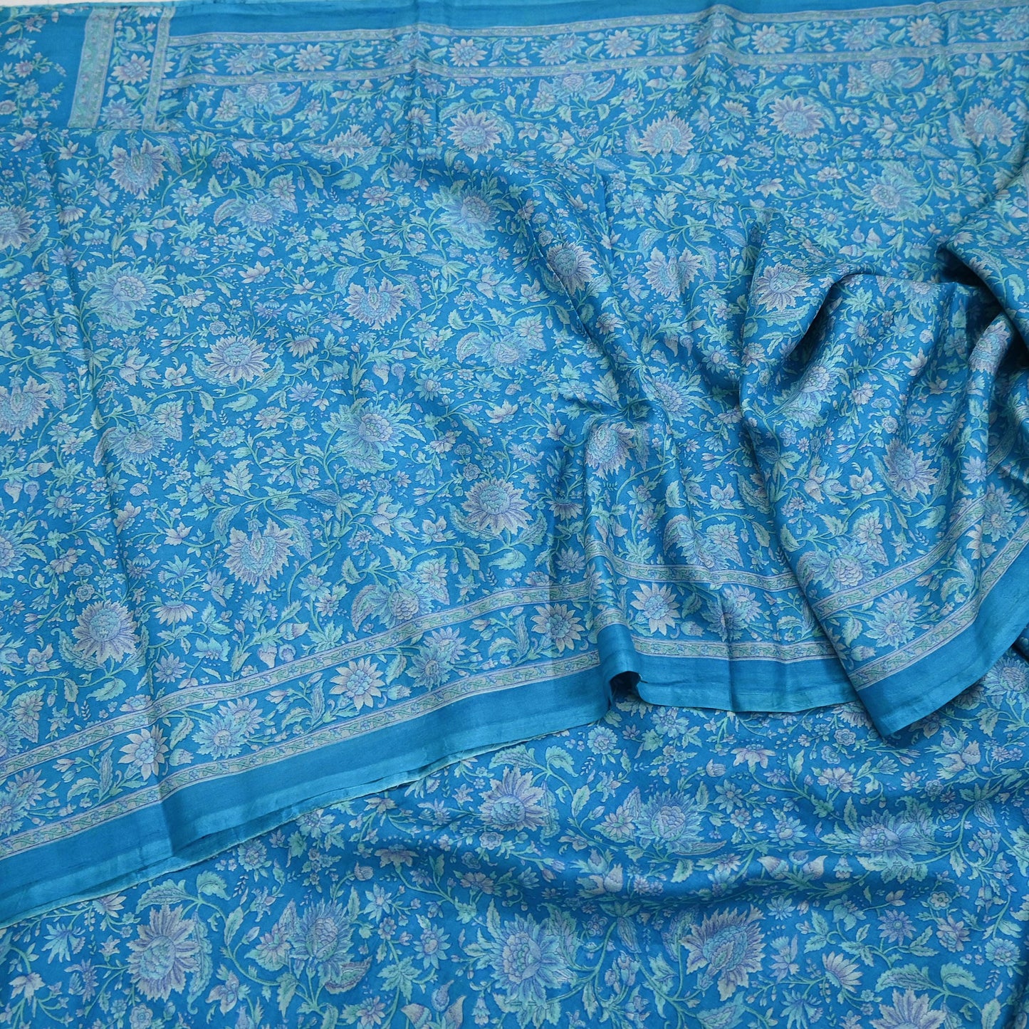Indian Vintage Sari Blue Pure Silk Printed Saree Fabric 6yard Sewing Craft Fabric DressMaking Wrap Floral