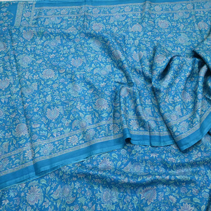 Indian Vintage Sari Blue Pure Silk Printed Saree Fabric 6yard Sewing Craft Fabric DressMaking Wrap Floral