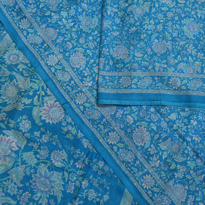 Indian Vintage Sari Blue Pure Silk Printed Saree Fabric 6yard Sewing Craft Fabric DressMaking Wrap Floral