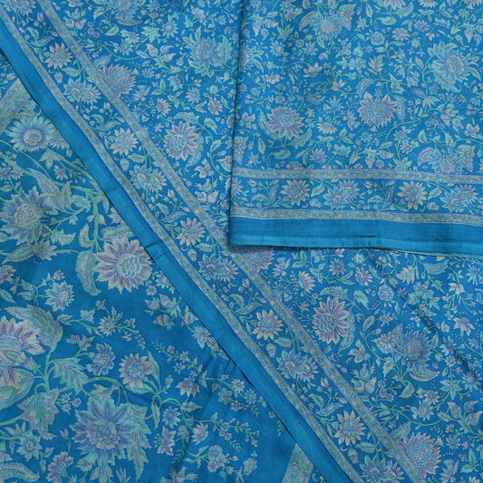 Indian Vintage Sari Blue Pure Silk Printed Saree Fabric 6yard Sewing Craft Fabric DressMaking Wrap Floral