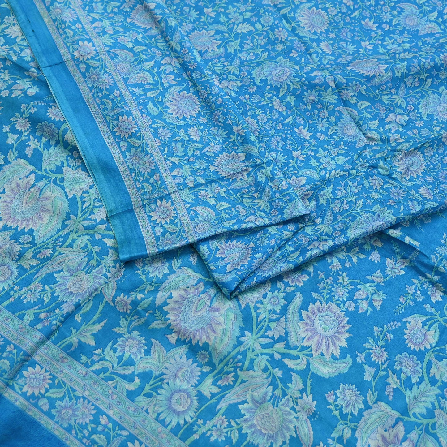 Indian Vintage Sari Blue Pure Silk Printed Saree Fabric 6yard Sewing Craft Fabric DressMaking Wrap Floral