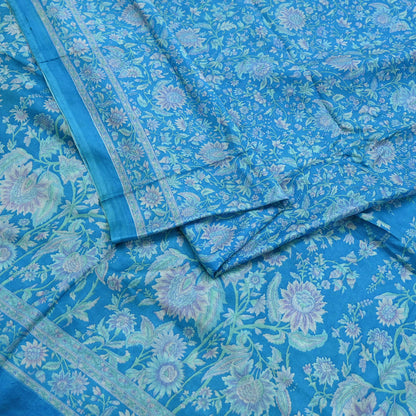 Indian Vintage Sari Blue Pure Silk Printed Saree Fabric 6yard Sewing Craft Fabric DressMaking Wrap Floral