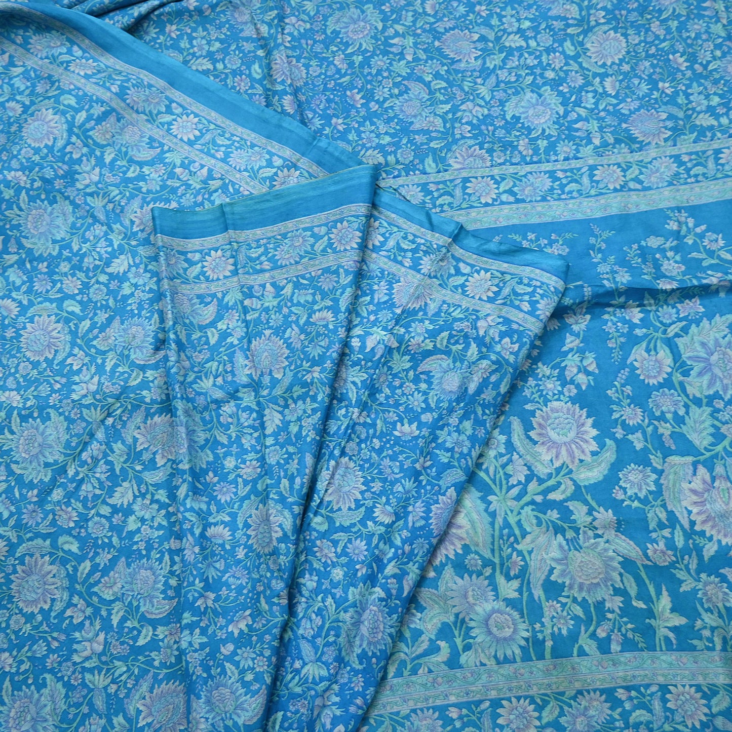 Indian Vintage Sari Blue Pure Silk Printed Saree Fabric 6yard Sewing Craft Fabric DressMaking Wrap Floral
