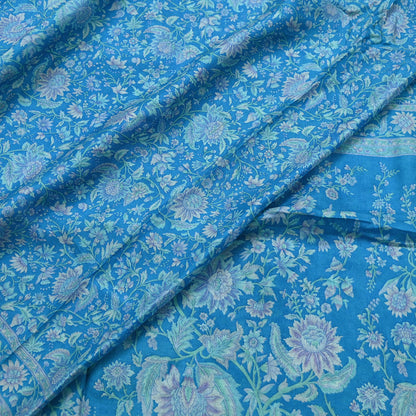 Indian Vintage Sari Blue Pure Silk Printed Saree Fabric 6yard Sewing Craft Fabric DressMaking Wrap Floral