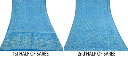 Indian Vintage Sari Blue Pure Silk Printed Saree Fabric 6yard Sewing Craft Fabric DressMaking Wrap Floral
