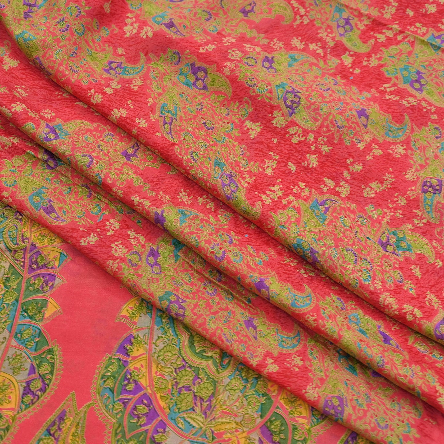 Indian Vintage Peach Pure Silk Printed Saree 5 Yards Soft Floral Fabric for Dressmaking, Quilting, Crafting, Sewing & Upcycling