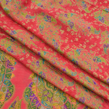 Indian Vintage Peach Pure Silk Printed Saree 5 Yards Soft Floral Fabric for Dressmaking, Quilting, Crafting, Sewing & Upcycling
