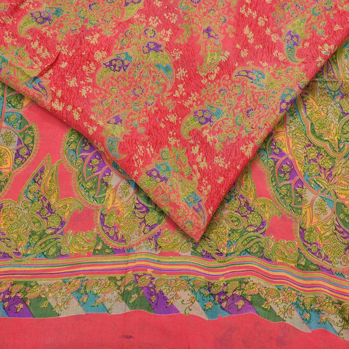 Indian Vintage Peach Pure Silk Printed Saree 5 Yards Soft Floral Fabric for Dressmaking, Quilting, Crafting, Sewing & Upcycling