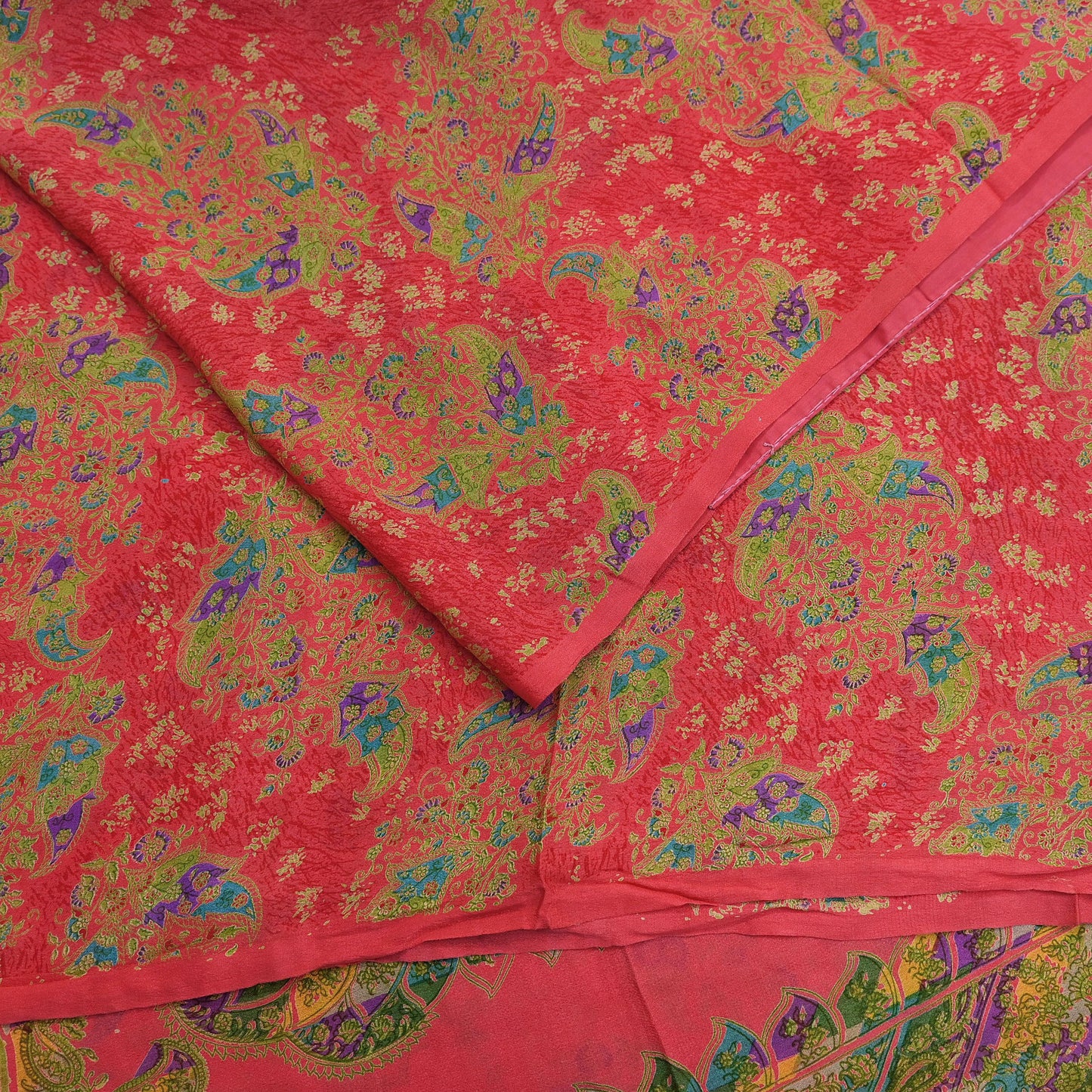 Indian Vintage Peach Pure Silk Printed Saree 5 Yards Soft Floral Fabric for Dressmaking, Quilting, Crafting, Sewing & Upcycling