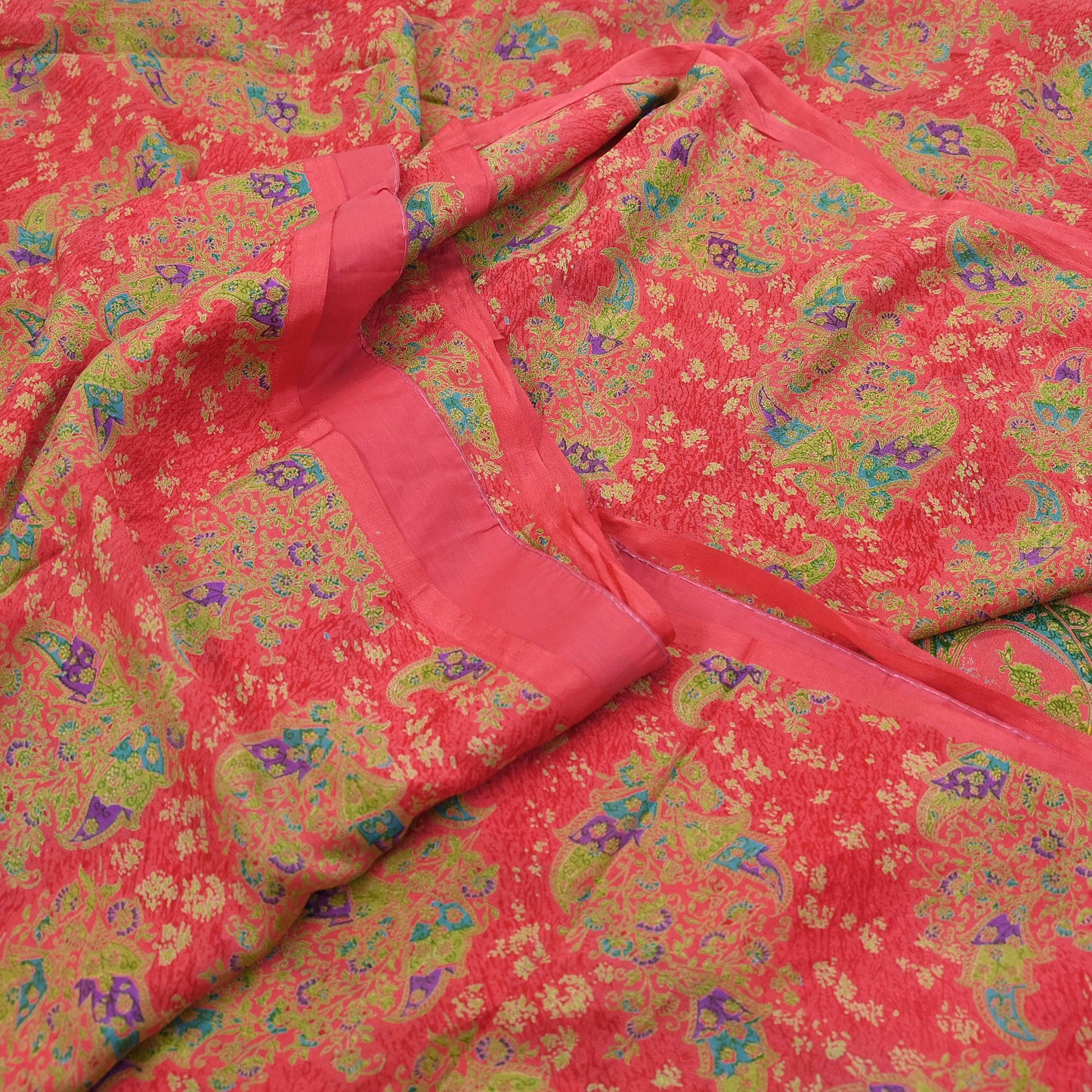 Indian Vintage Peach Pure Silk Printed Saree 5 Yards Soft Floral Fabric for Dressmaking, Quilting, Crafting, Sewing & Upcycling