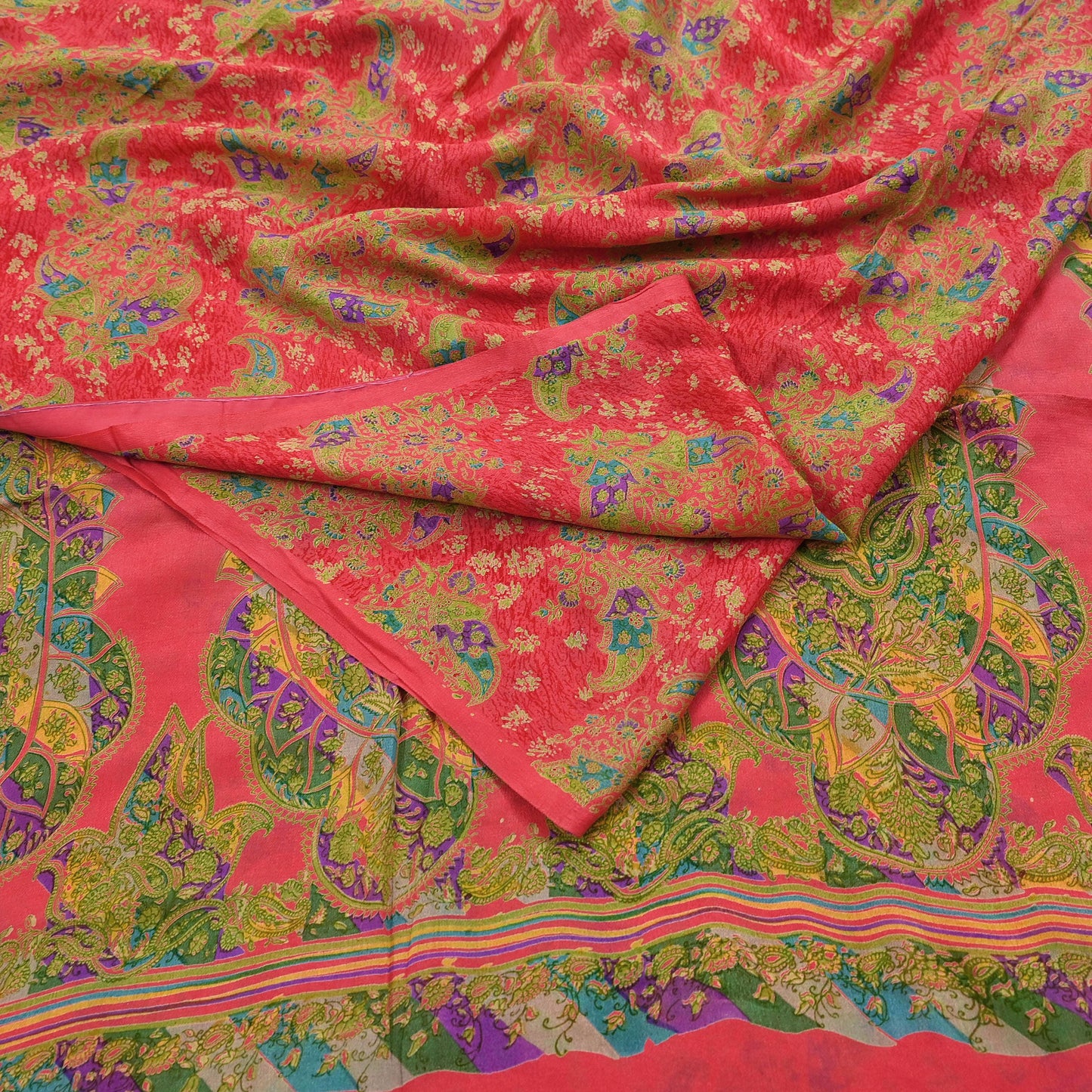 Indian Vintage Peach Pure Silk Printed Saree 5 Yards Soft Floral Fabric for Dressmaking, Quilting, Crafting, Sewing & Upcycling