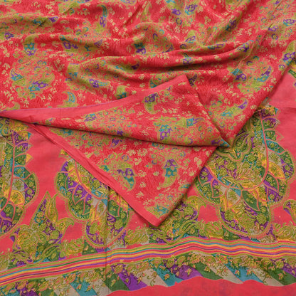 Indian Vintage Peach Pure Silk Printed Saree 5 Yards Soft Floral Fabric for Dressmaking, Quilting, Crafting, Sewing & Upcycling