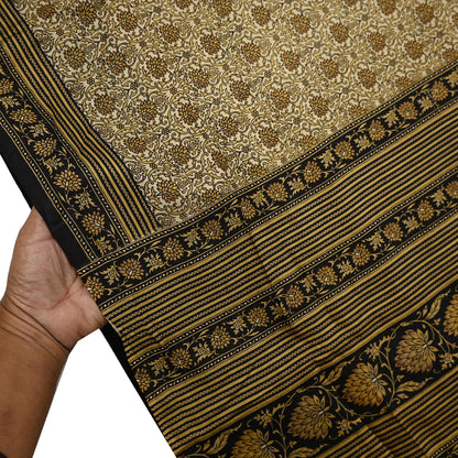 Indian Vintage Black & Beige Saree Pure Silk Block Printed Sari Craft Fabric 6yd Sewing DressMaking Soft Floral Quilting Crafting Upcycle