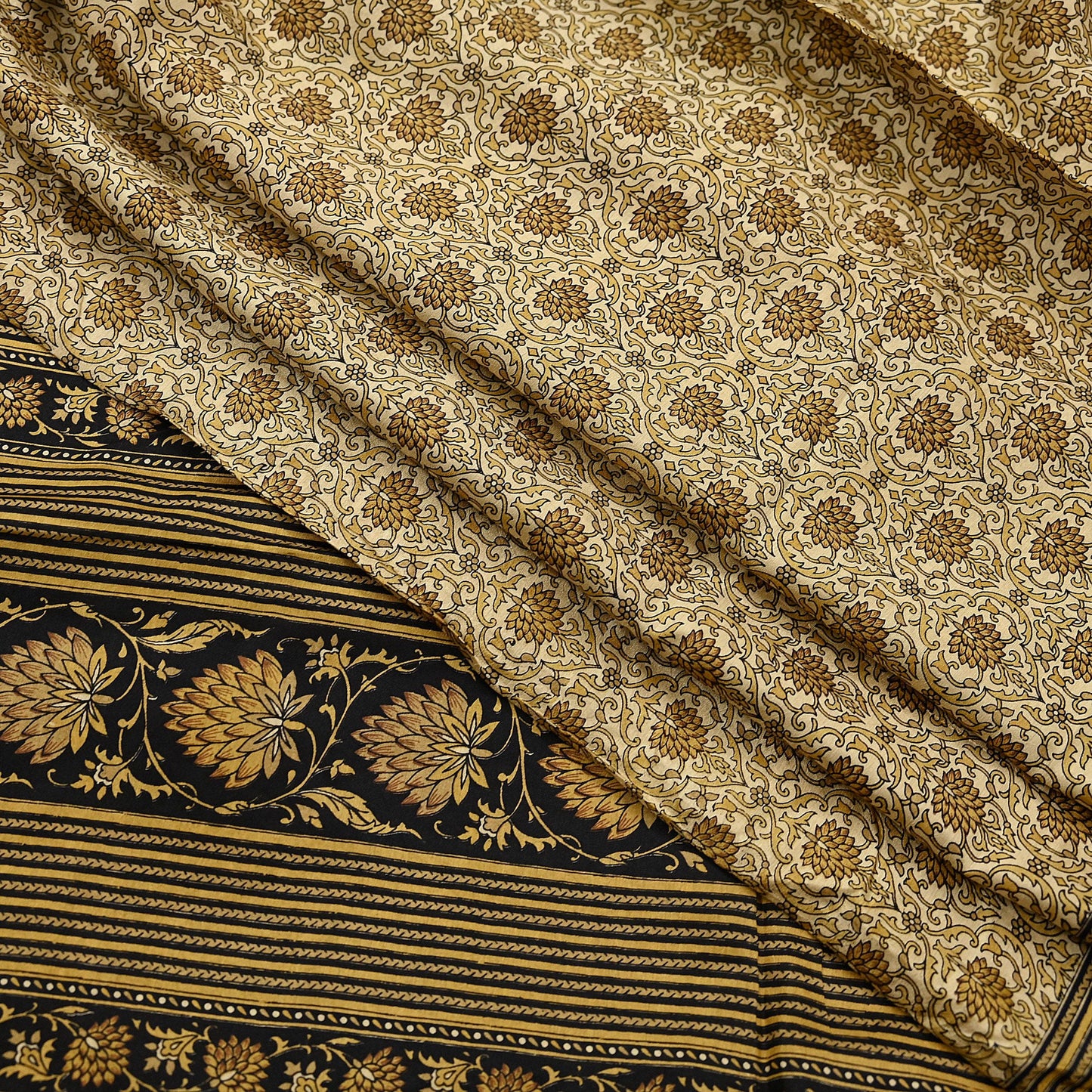 Indian Vintage Black & Beige Saree Pure Silk Block Printed Sari Craft Fabric 6yd Sewing DressMaking Soft Floral Quilting Crafting Upcycle