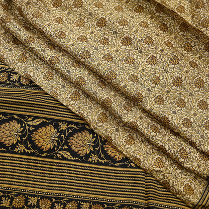 Indian Vintage Black & Beige Saree Pure Silk Block Printed Sari Craft Fabric 6yd Sewing DressMaking Soft Floral Quilting Crafting Upcycle