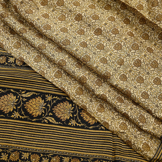 Indian Vintage Black & Beige Saree Pure Silk Block Printed Sari Craft Fabric 6yd Sewing DressMaking Soft Floral Quilting Crafting Upcycle