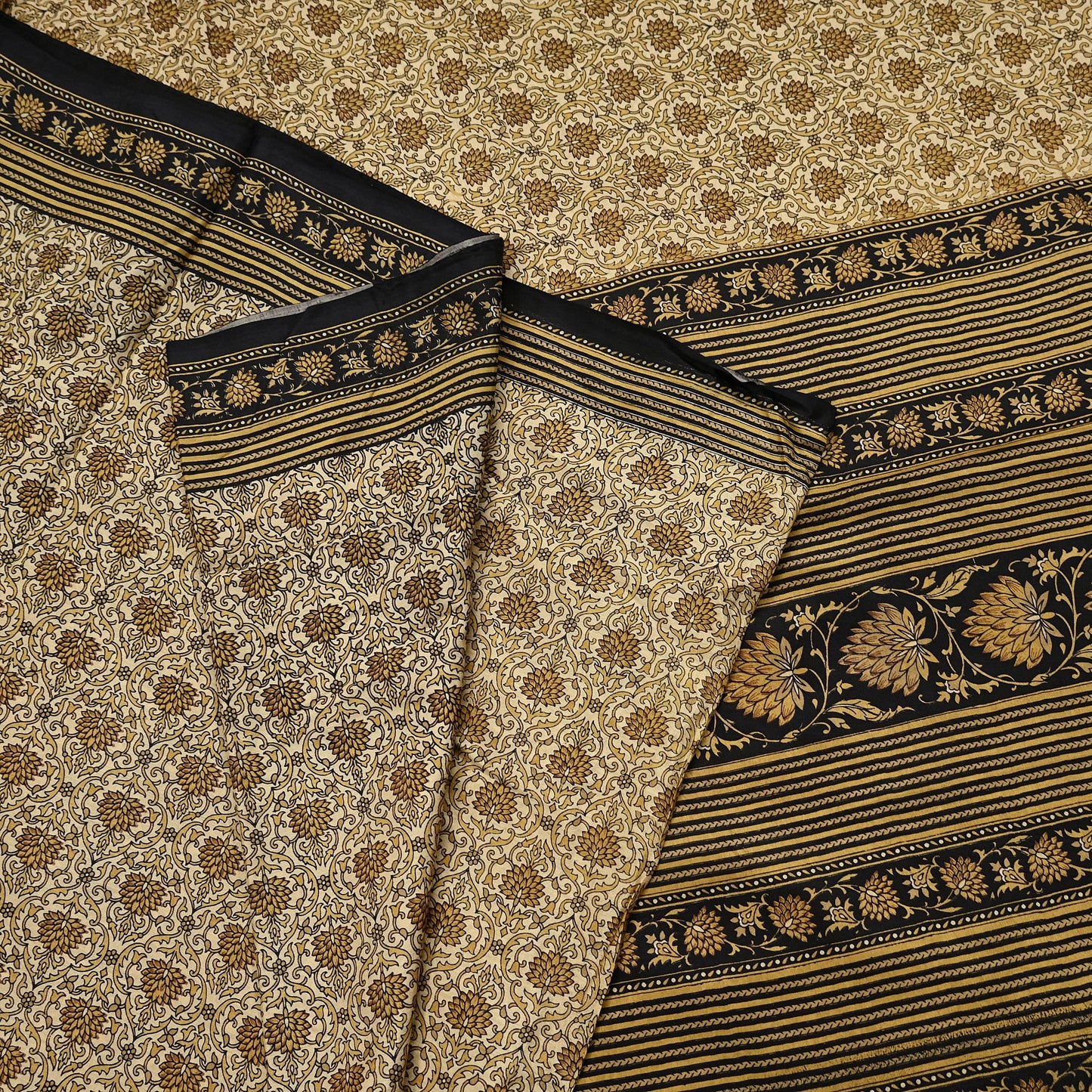 Indian Vintage Black & Beige Saree Pure Silk Block Printed Sari Craft Fabric 6yd Sewing DressMaking Soft Floral Quilting Crafting Upcycle