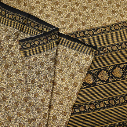 Indian Vintage Black & Beige Saree Pure Silk Block Printed Sari Craft Fabric 6yd Sewing DressMaking Soft Floral Quilting Crafting Upcycle