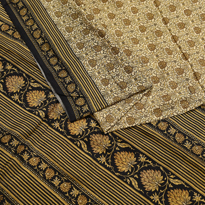 Indian Vintage Black & Beige Saree Pure Silk Block Printed Sari Craft Fabric 6yd Sewing DressMaking Soft Floral Quilting Crafting Upcycle
