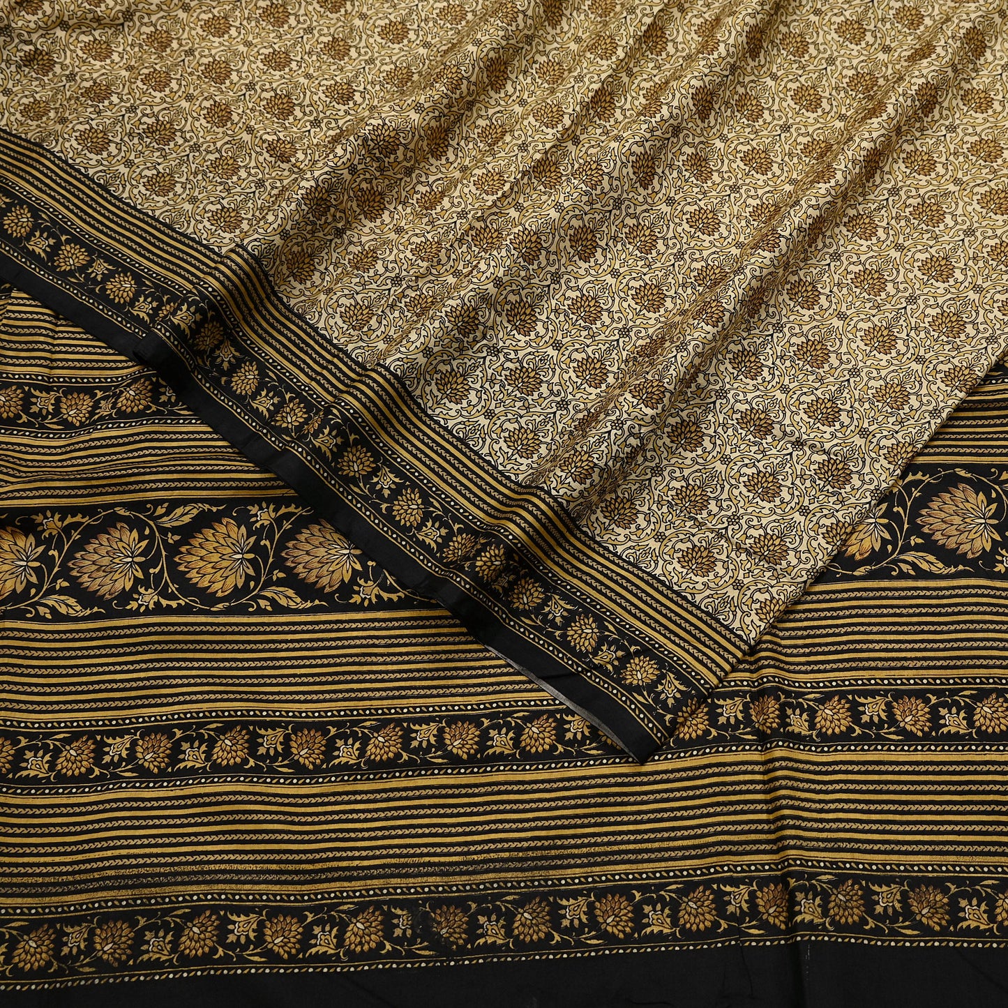 Indian Vintage Black & Beige Saree Pure Silk Block Printed Sari Craft Fabric 6yd Sewing DressMaking Soft Floral Quilting Crafting Upcycle