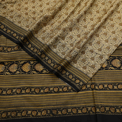 Indian Vintage Black & Beige Saree Pure Silk Block Printed Sari Craft Fabric 6yd Sewing DressMaking Soft Floral Quilting Crafting Upcycle