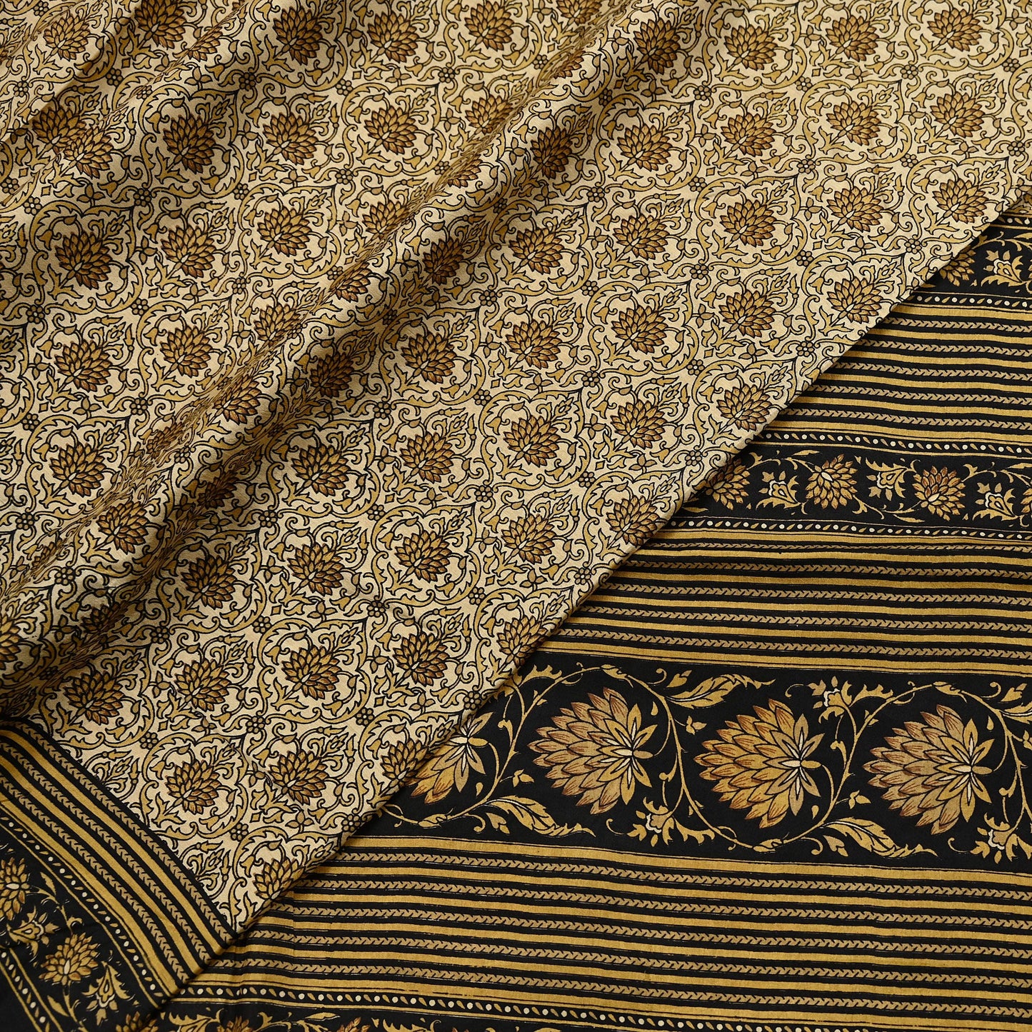 Indian Vintage Black & Beige Saree Pure Silk Block Printed Sari Craft Fabric 6yd Sewing DressMaking Soft Floral Quilting Crafting Upcycle